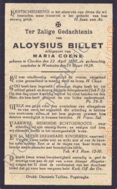 Aloysius Billet echtgenoot van Maria Coene, overleden te Westoutre, den 15 Maart 1928 (60 jaar).